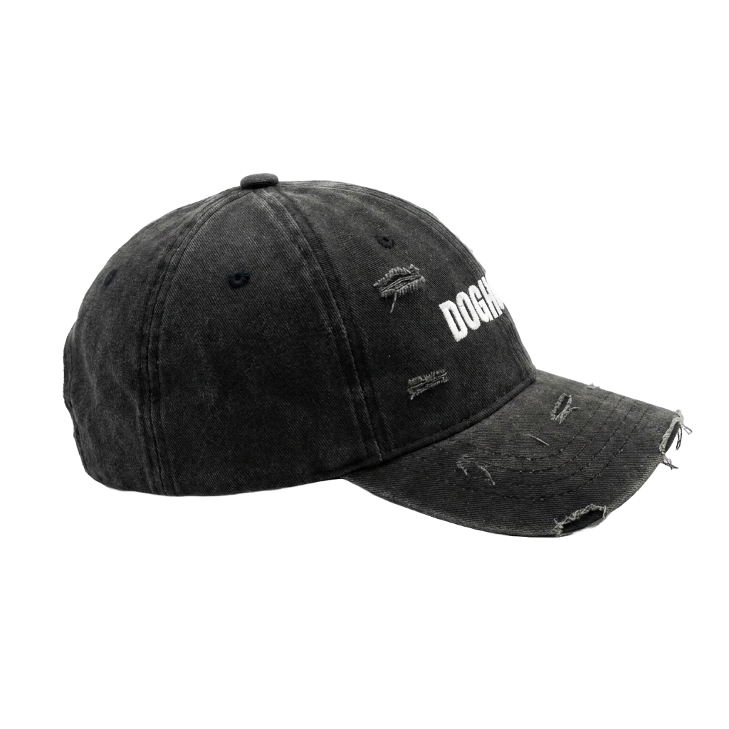 Doghouse distressed black cap, side view