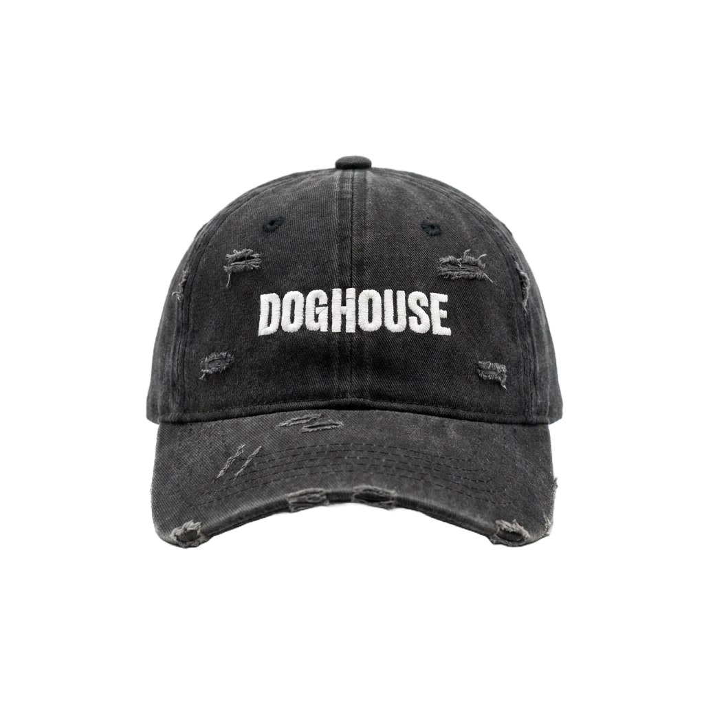 Doghouse distressed black cap, front view