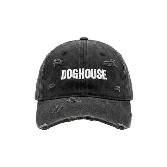 Doghouse distressed black cap, front view