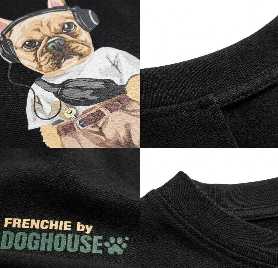 Black t-shirt with a graphic of a dog wearing headphones and a close-up of the brand logo 'FRENCHIE by DOGHOUSE'.